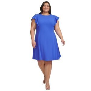 Dkny Plus Size Flutter-Sleeve Scuba-Crepe Fit & Flare Dress‎ - Iris Blue Size 16